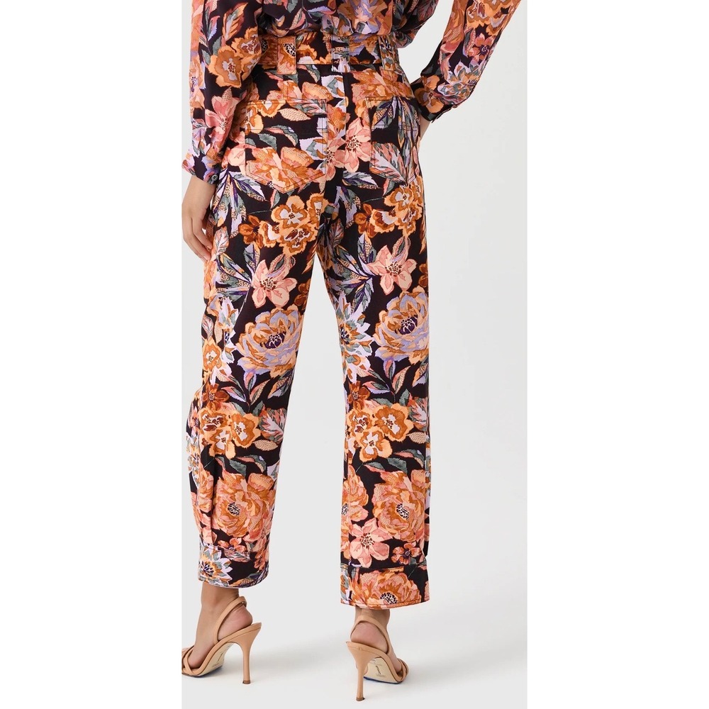 Hunter Bell Lane Pant Floral High Waist Paperbag Tie Belt Cotton Orange Purple 2